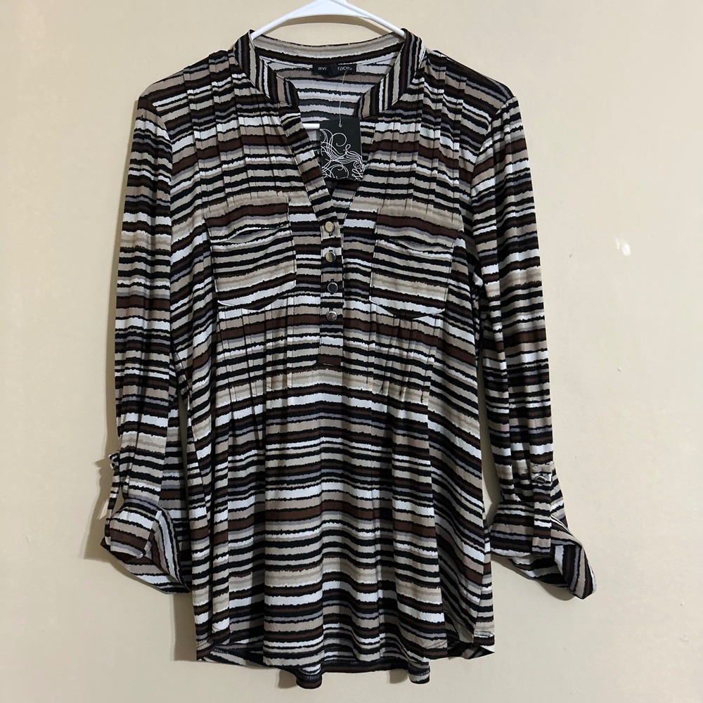 Ava & Grace Striped Tunic Shirt Women's Size Medium Long Sleeve Button Neck